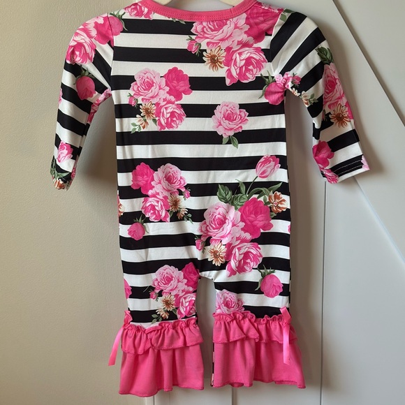 Pretty Pink Floral/Black & White Striped Romper - Size 3-6 months - Picture 3 of 3